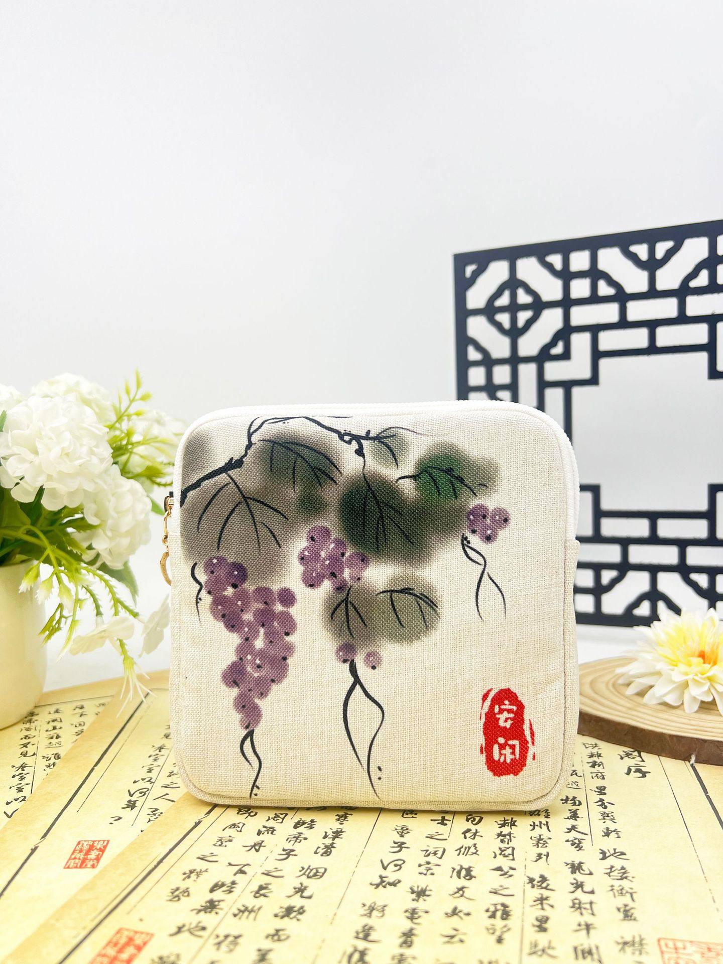 Portable Large-Capacity Napkin Cosmetics Bag for College Students, Chinese Style Cosmetic Bag, Digital Printed Cotton and Linen Card Holder, Coin Purse