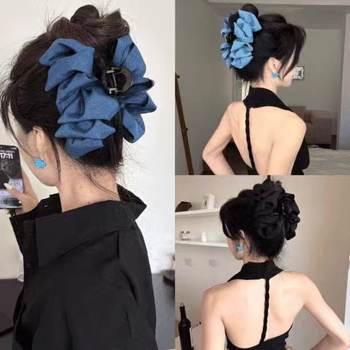 Denim Blue Bubble Clip for Women 2025 New Pleated Hair Clip for the Back of the Head with Large Hair Volume Shark Clip Large Size
