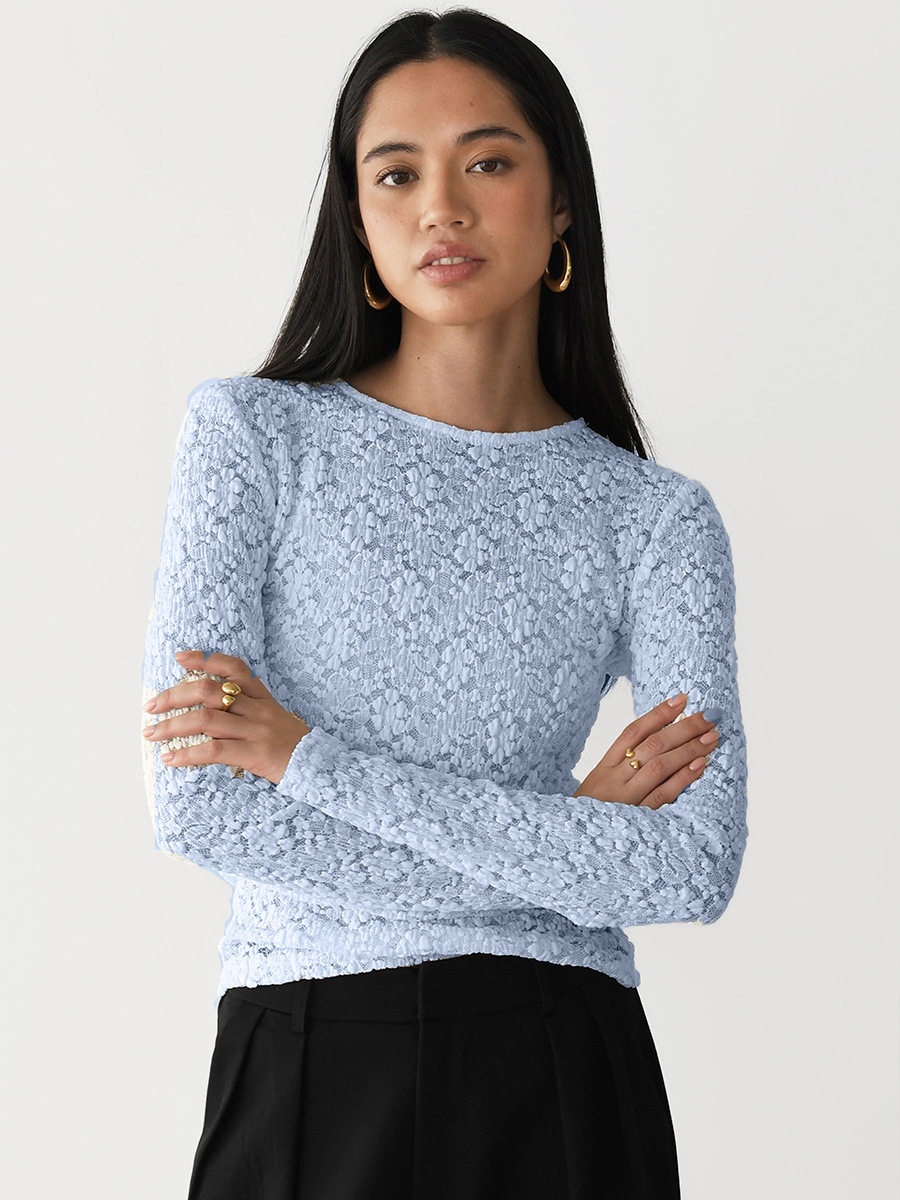 Lace Hollow Out Top Pearl Button Split Design Fitted Bell Sleeve Elegant Casual Wear for Women Wholesale Available