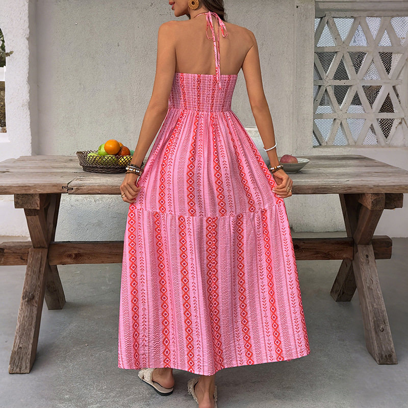 Bohemian Geometric Print Maxi Dress Halter Neck Side Slit Vacation Style Wholesale Available