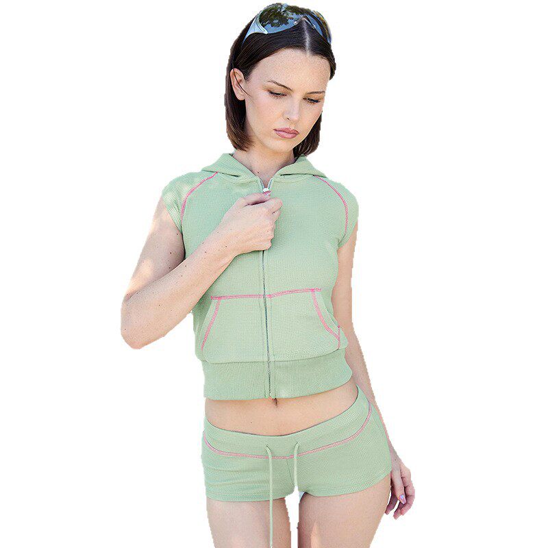 Womens Summer Set Trendy Zip Up Hoodie with Short Sleeves and Drawstring Shorts Casual Wear for Everyday Use Wholesale
