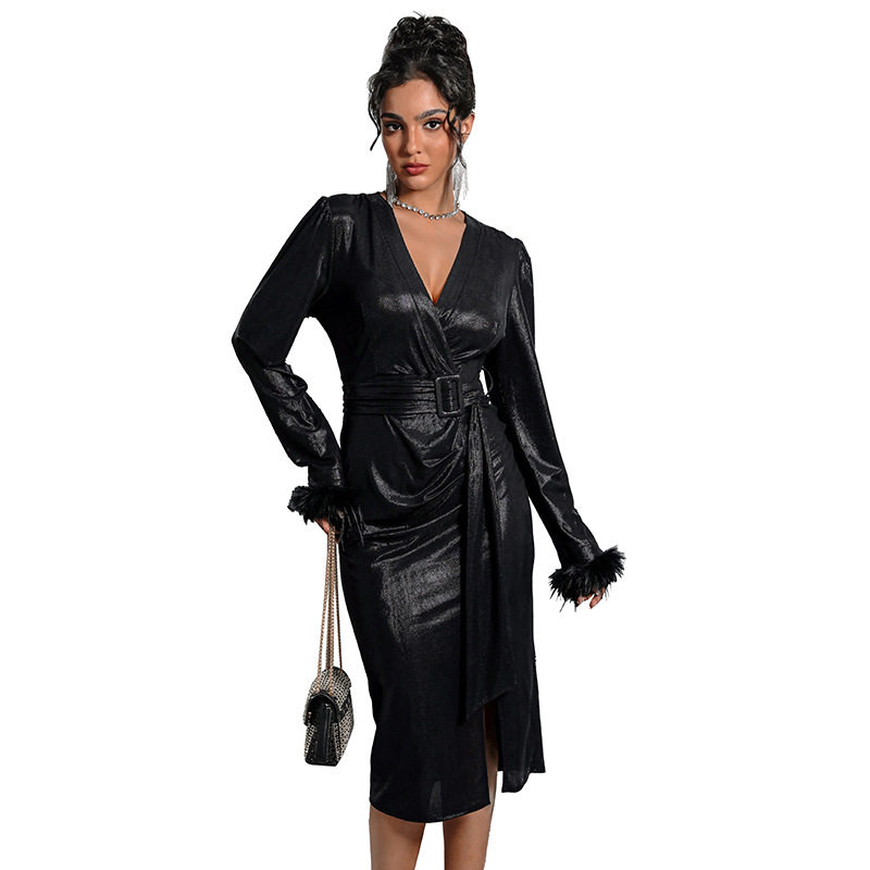 Elegant Vintage Black Split Hem Dress Deep V Neck Long Sleeve Autumn Collection Perfect for Parties Wholesale