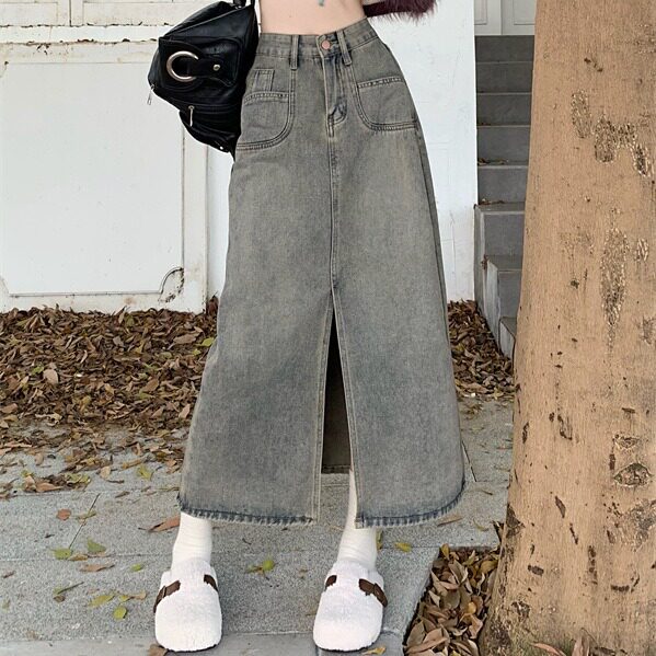 High Waisted Split Hem Denim Midi Skirt Washed Finish Korean Style Versatile for Spring and Autumn Wholesale Available