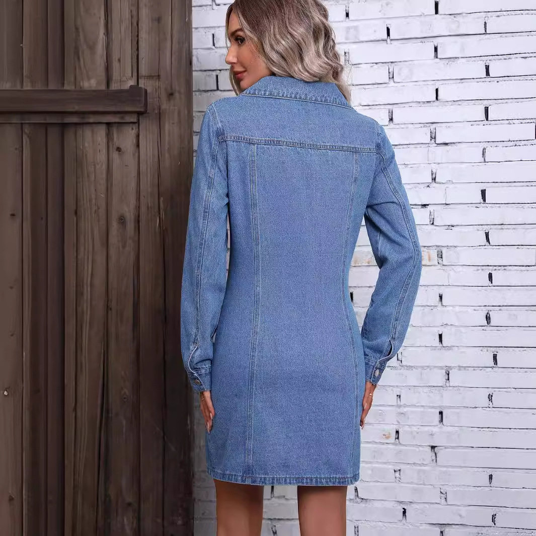 Vintage Denim Long Sleeve Dress Slim Fit Waist Defining Comfortable Fabric Casual Wear Spring Fall Wholesale