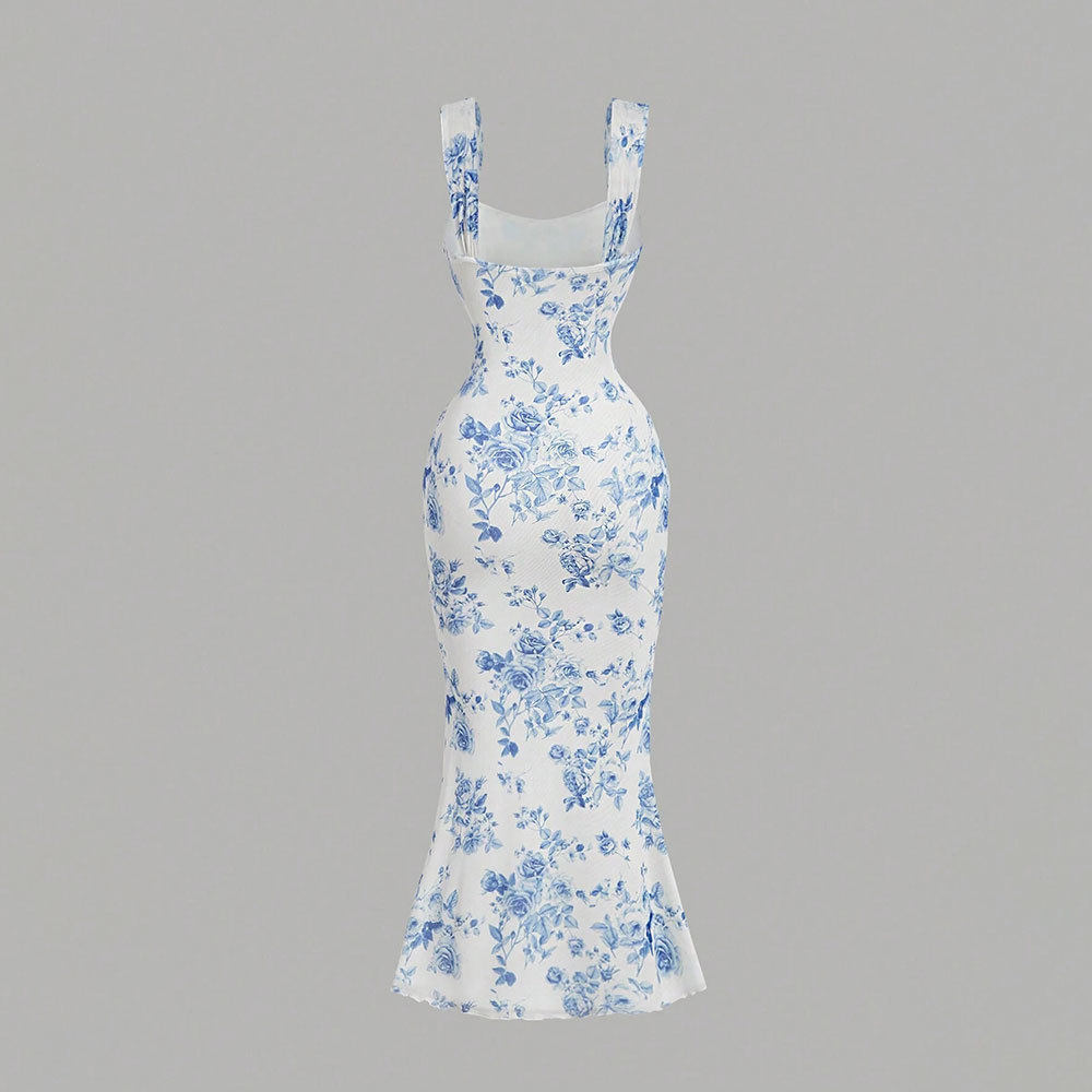 Summer Womens Bodycon Dress Blue and White Porcelain Print Backless Strapless Mermaid Hem Perfect for Parties