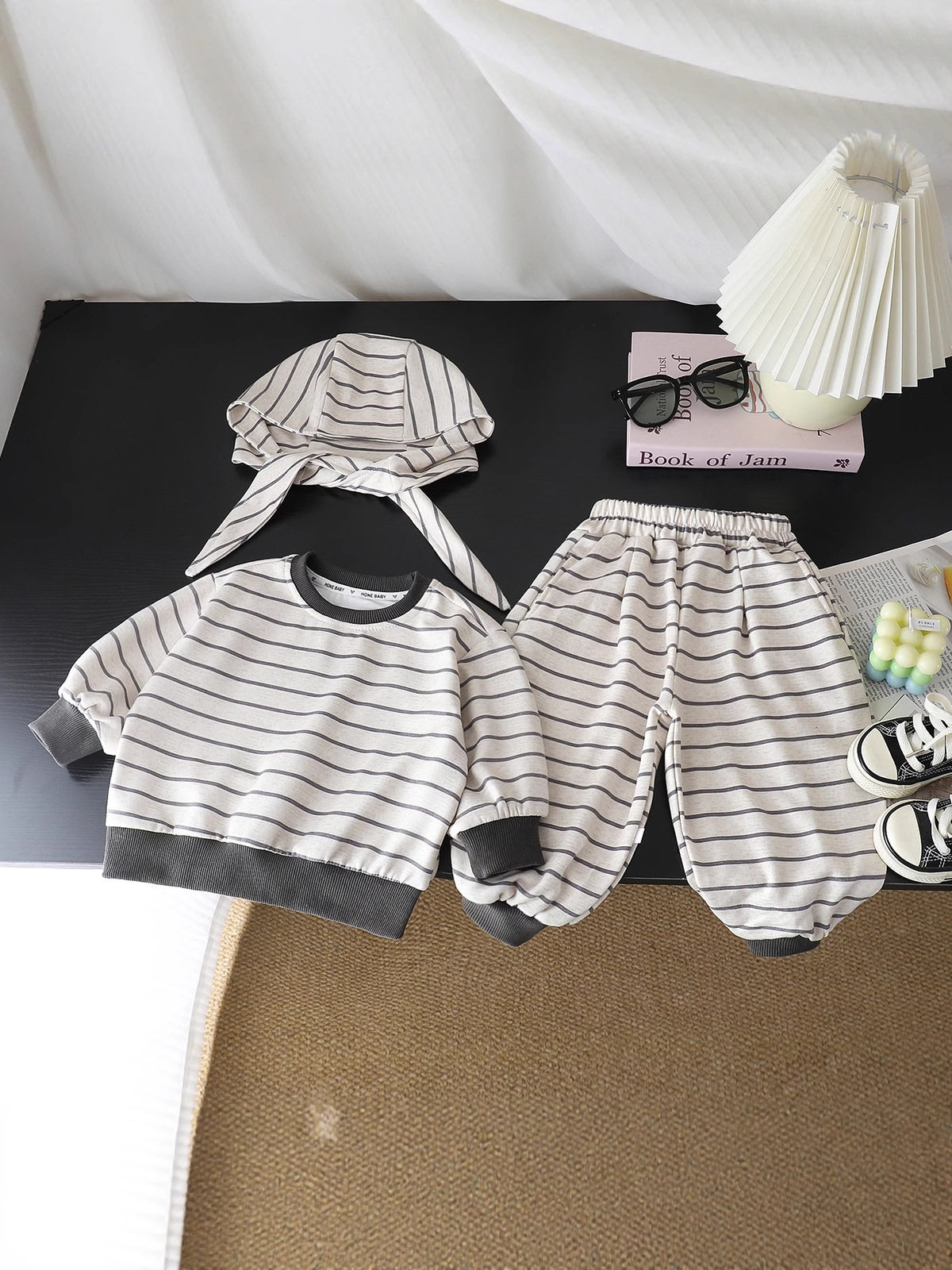 Children's Korean Style Striped Hoodie Set, New Spring & Autumn Top, Versatile Casual Outfit with Earflap Hat