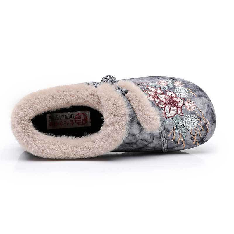 Women's Winter Hanfu Ethnic Cotton Shoes with Soft Soles, Old Beijing Cloth Shoes, Lightweight, Fleece-Lined for Warmth, Thickened for Warmth