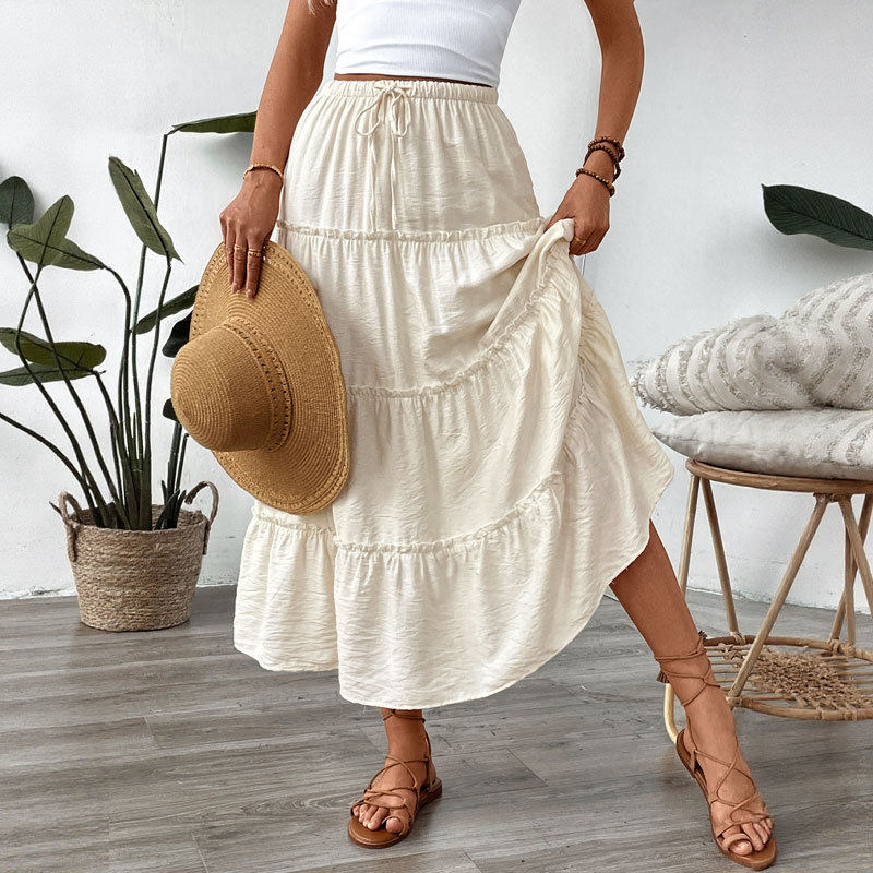 Layered Solid Color Summer Maxi Skirt Casual Style Minimalist Design Adjustable Tie Wholesale Available