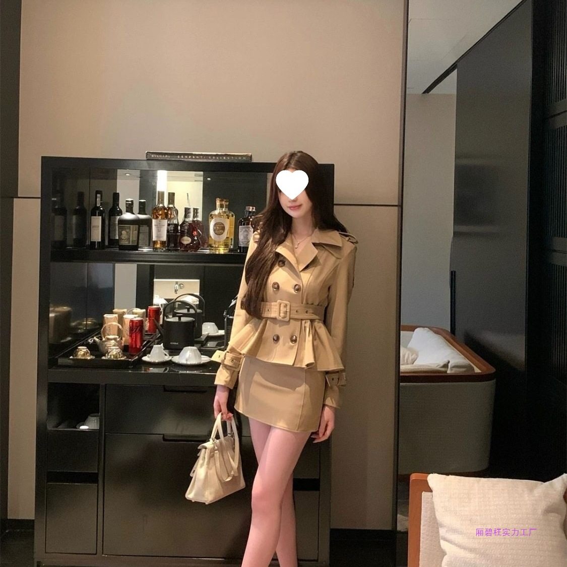 Misty Berlin Khaki Double-Breasted Jacket Women's Spring and Autum + Culottes Two-Piece Autum Waist-Cinching Skirt Suit
