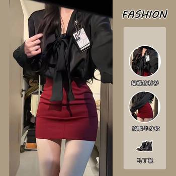 Pure Lust Hot Girl Suit Women's 2025 Spring Elegant Bow Long-Sleeved Shirt High Waist Hip Short Skirt Two-Piece Set