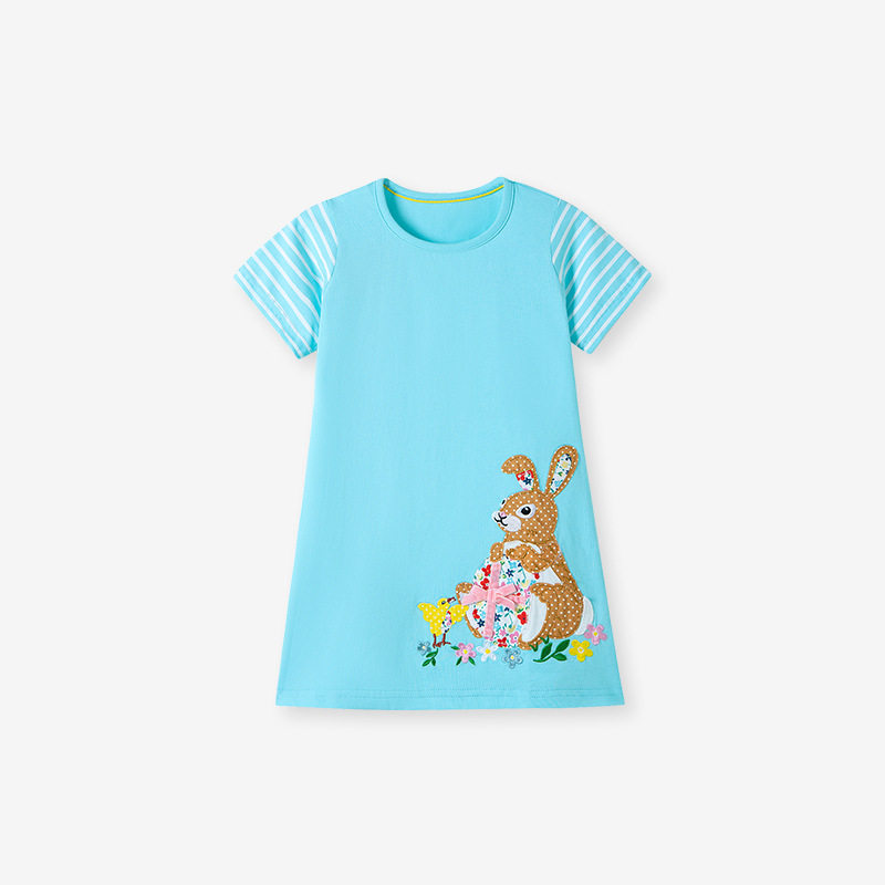 New Girls' Dress, Summer Short-sleeve Kids' Skirt, Applique Cartoon Kids' Dress