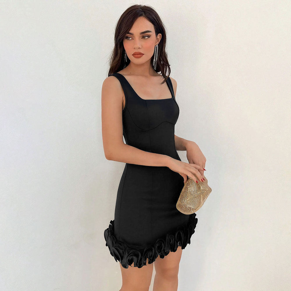 Elegant Womens Dress Sleeveless Ruffle Hem Bodycon Fit Solid Color Perfect for Parties and Events Wholesale