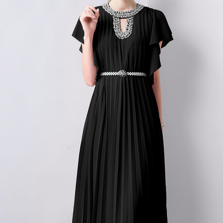 Elegant Long Dress Ruffled Sleeves Embellished Neckline Fitted Waist Vintage Style for Formal Occasions Wholesale