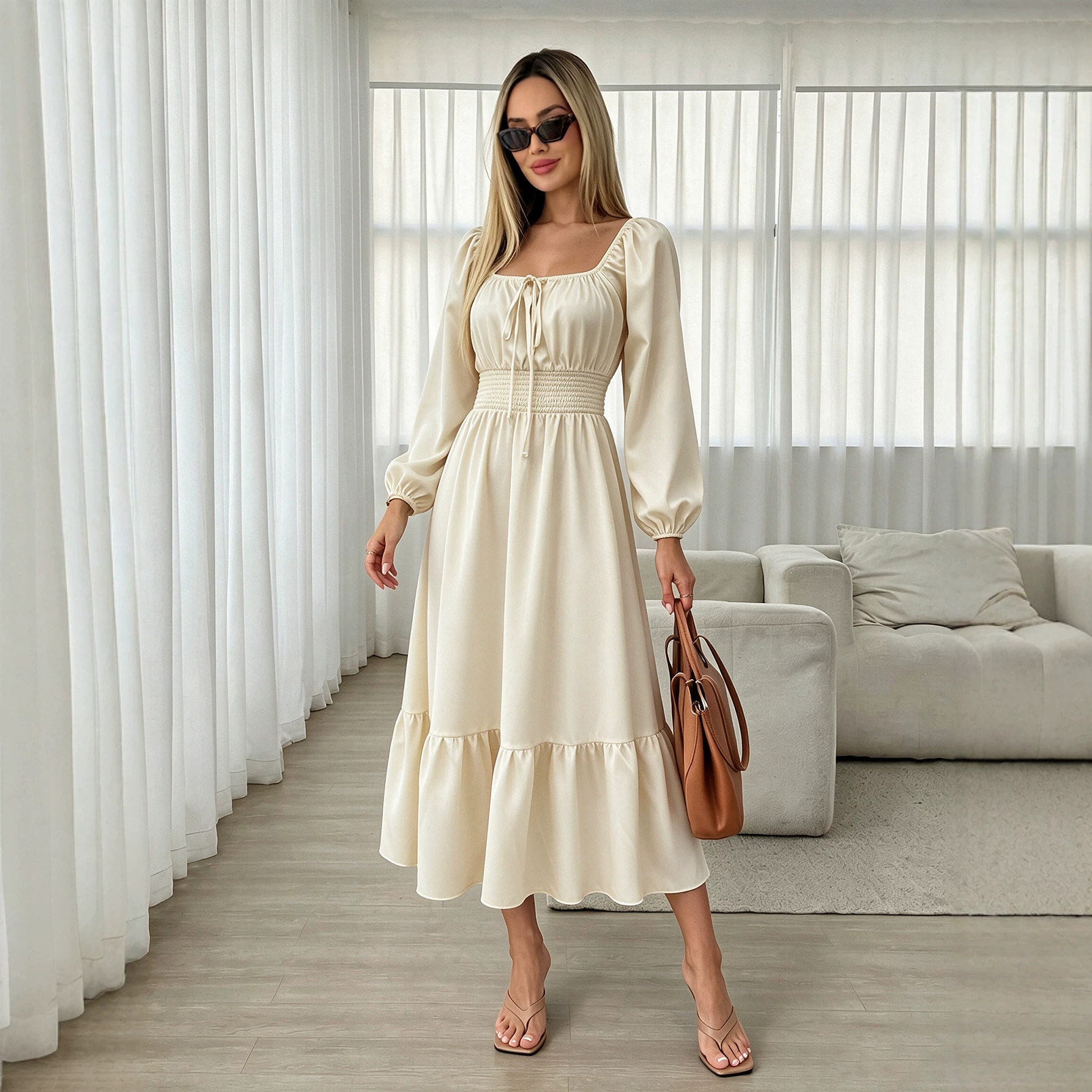 Square Neck Long Sleeve Dress for Women Puff Sleeves Waist Tie Ruffled Hem Slim Fit Perfect for Spring and Summer