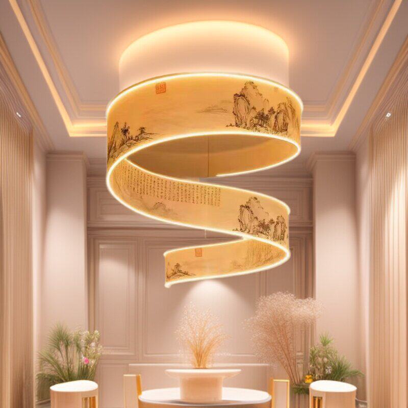 โคมไฟแขวนรูปแบบริบบิ้น UV สไตล์ซ่งสำหรับห้องนั่งเล่น โคมระย้าห้องจัดเลี้ยงโมเดิร์นเรียบง่าย ของตกแต่งโรงแรมและวิลล่าสไตล์จีน