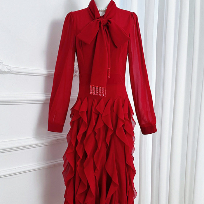 French Elegant Long Sleeve Dress with Bow Tie Ruffled Hem Waist Cinching Design Autumn Fashion for Women Wholesale