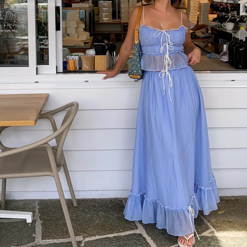 Womens Summer Fashion Set Stylish French Inspired Sleeveless Top Elegant Maxi Skirt Perfect for Vacations Wholesale