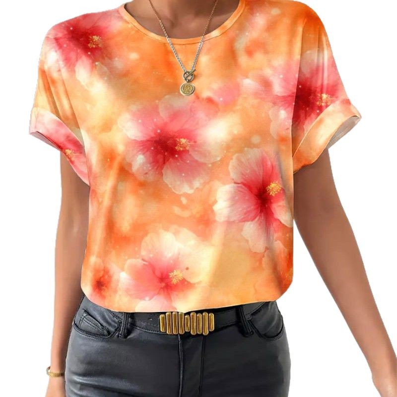 Tie Dye Floral Print Short Sleeve Top Round Neck Casual Style Fashionable Design Wholesale Available