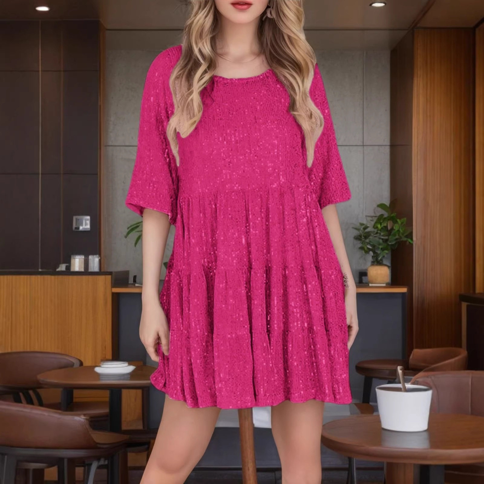 Fashionable Short Sleeve A Line Dress Round Neck Loose Fit Sequin Detail Evening Party Wear Wholesale Available