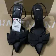 ZAJ2025 Summer New Women's Shoes Dew Heel Bow High Heels Pointed Rear Empty Fairy Style Sandals