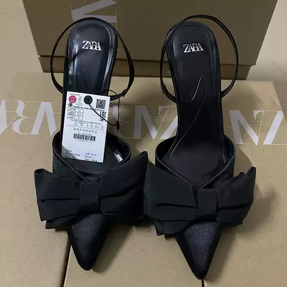 ZAJ2025 Summer New Women's Shoes Dew Heel Bow High Heels Pointed Rear Empty Fairy Style Sandals