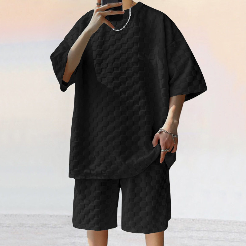 2025跨境美式oversize潮牌男装棋盘格春夏宽松运动休闲两件套装男