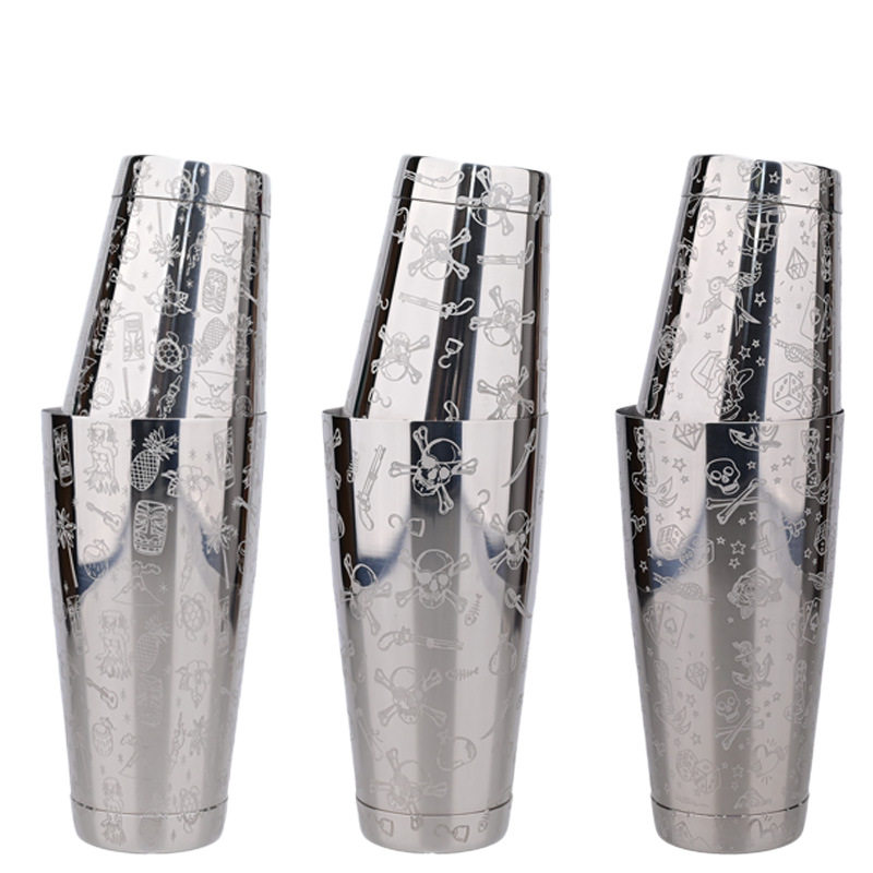 Stainless Steel Cocktail Boston Cocktail Set Etched Pattern Boston Cocktail Shaker Etched Cocktail Shaker Measuring Cup