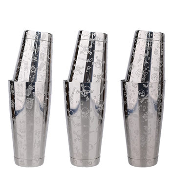 Stainless Steel Cocktail Boston Cocktail Set Etched Pattern Boston Cocktail Shaker Etched Cocktail Shaker Measuring Cup