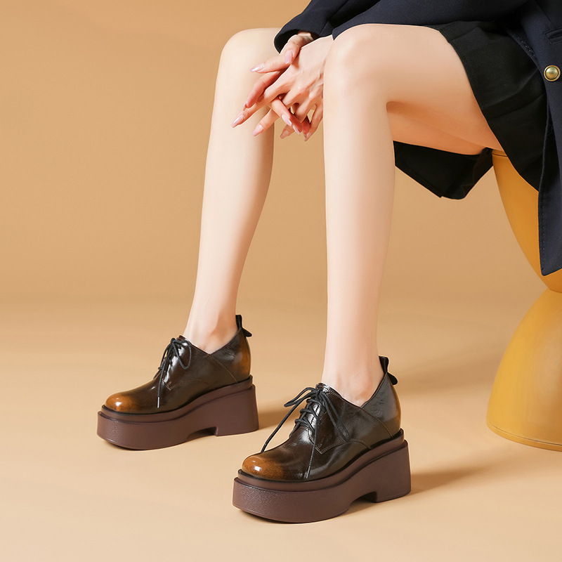 Giày Da Nữ Chất Liệu Da Bò Cao 10cm Tăng Chiều Cao Đế Cao Hàng Mùa Xuân Thu Đông Phục Cổ Cổ Điển