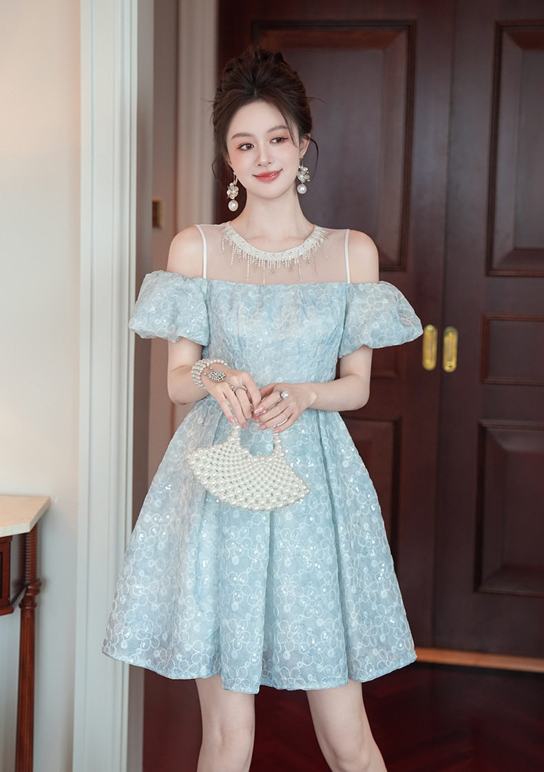 Đầm ren nữ tay bồng cổ tròn A chữ A dáng midi — [Xanh dương] chi tiết 5