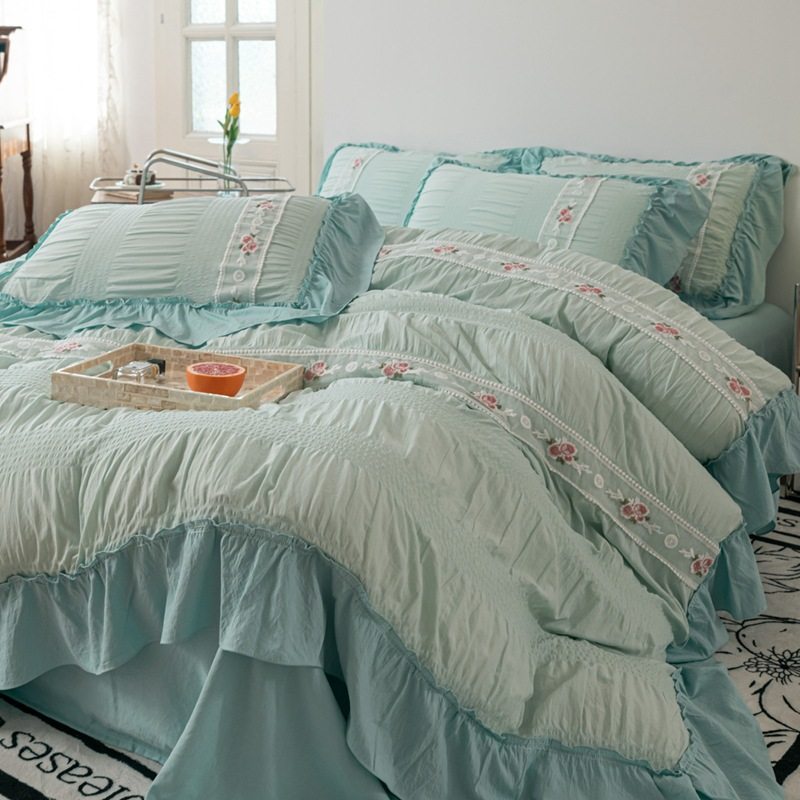 French seersucker embroidered sanding four-piece lace quilt cover bed sheet three-piece bedding