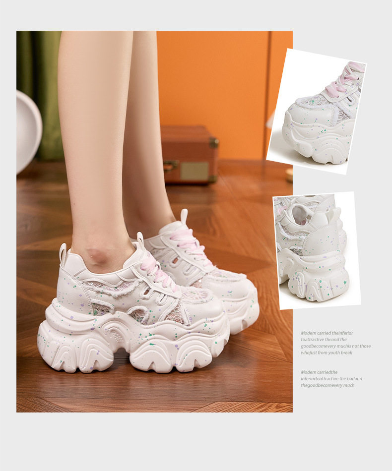 Giày cao gót nữ đế xuồng platform lưới thoáng khí, gót siêu cao 8cm, mũi tròn, quai khóa trước — Trắng, Bạc chi tiết 3