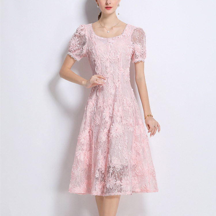 French Elegant Summer Dress Embellished with Beads and Sequins Square Neck Puff Sleeves Fitted Waist Lace Long Gown