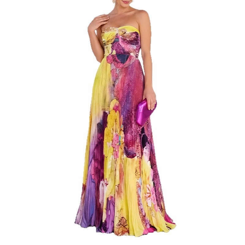 Summer Womens Dress Elegant Floral Print Strapless Design Comfortable Fabric Perfect for Parties and Events