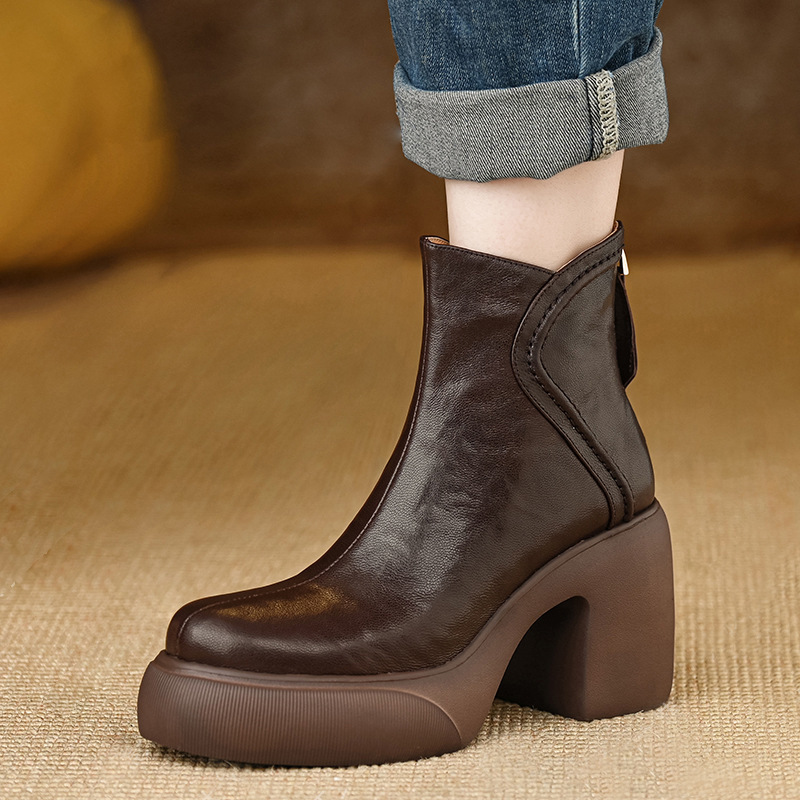 Boot nữ cổ thấp gót dày đế bệt 8.5cm mũi tròn phong cách thanh lịch — màu đen, màu nâu