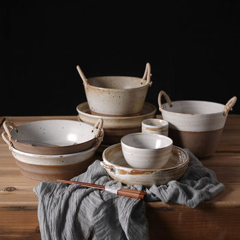 Japanese-style Coarse Ceramic Dishes Set Homestay Dish Plate Binaural Hemp Rope Deep Dish Bucket Retro Nostalgic Creative Dishes