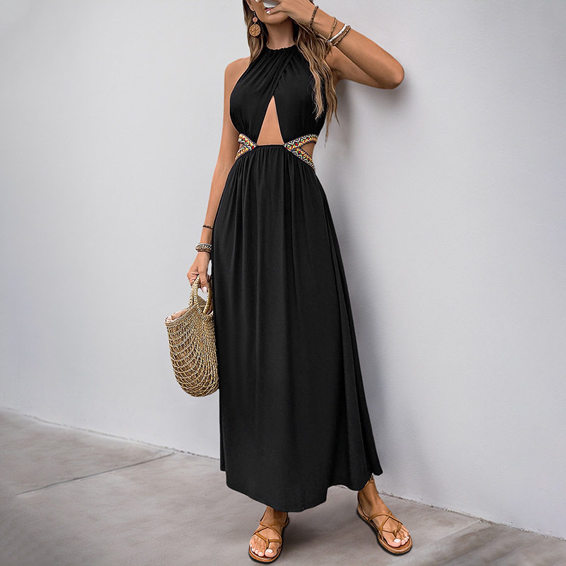 Bohemian Style Hollow Out Maxi Dress Ethnic Pattern Woven Strap Details Elegant Summer Wear Wholesale Available