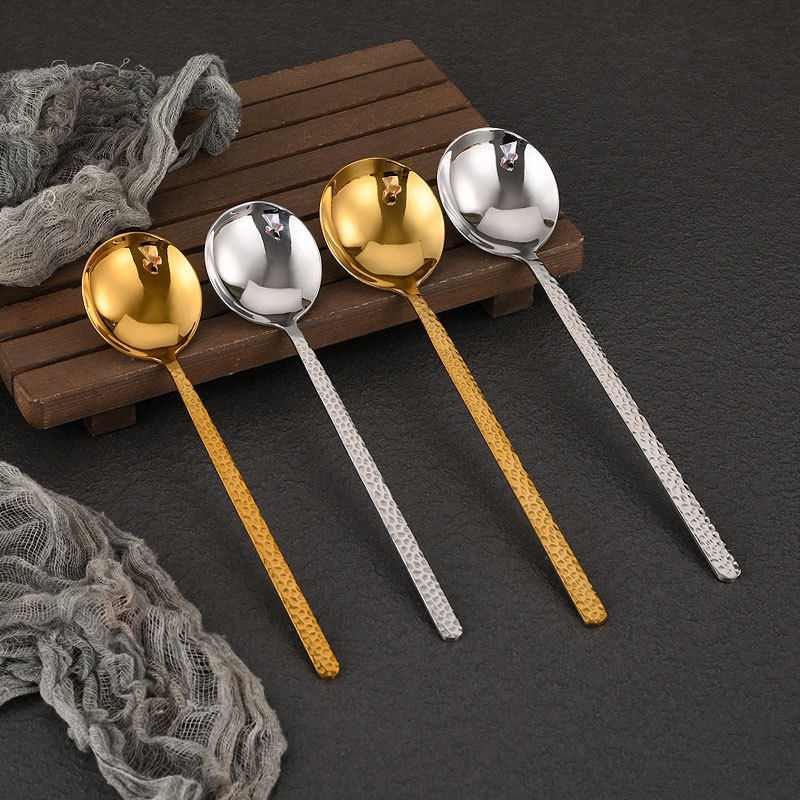 Korean-style 304 Stainless Steel Spoon Soup Spoon Deepened Hammer Pattern High-value Tableware Household Long Handle Dining Round Spoon