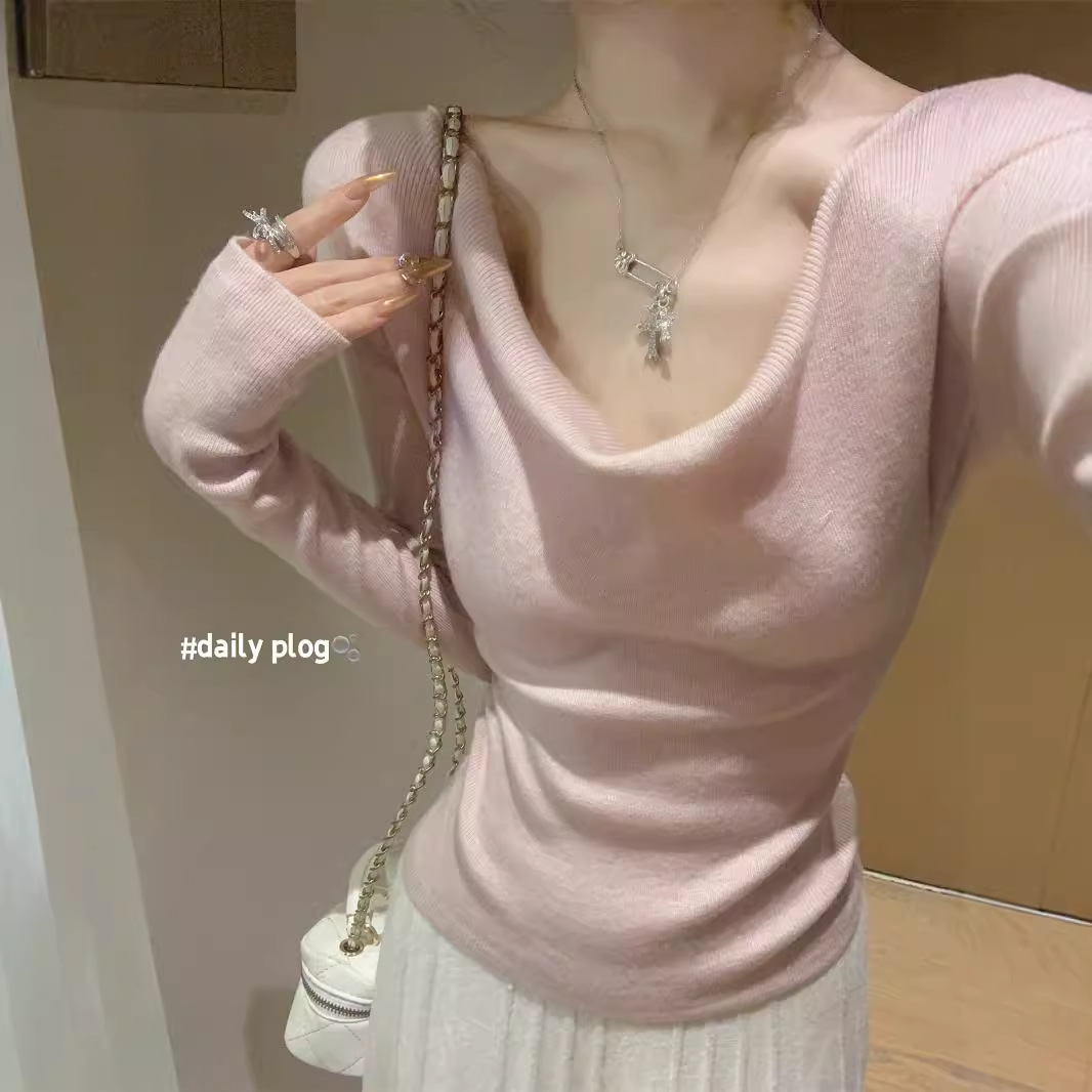 Minghai Wool Knitwear Korean Style Pure Desire One-Line Collar Gentle Slimming New Bottoming Long-Sleeved Top Women's Fashion