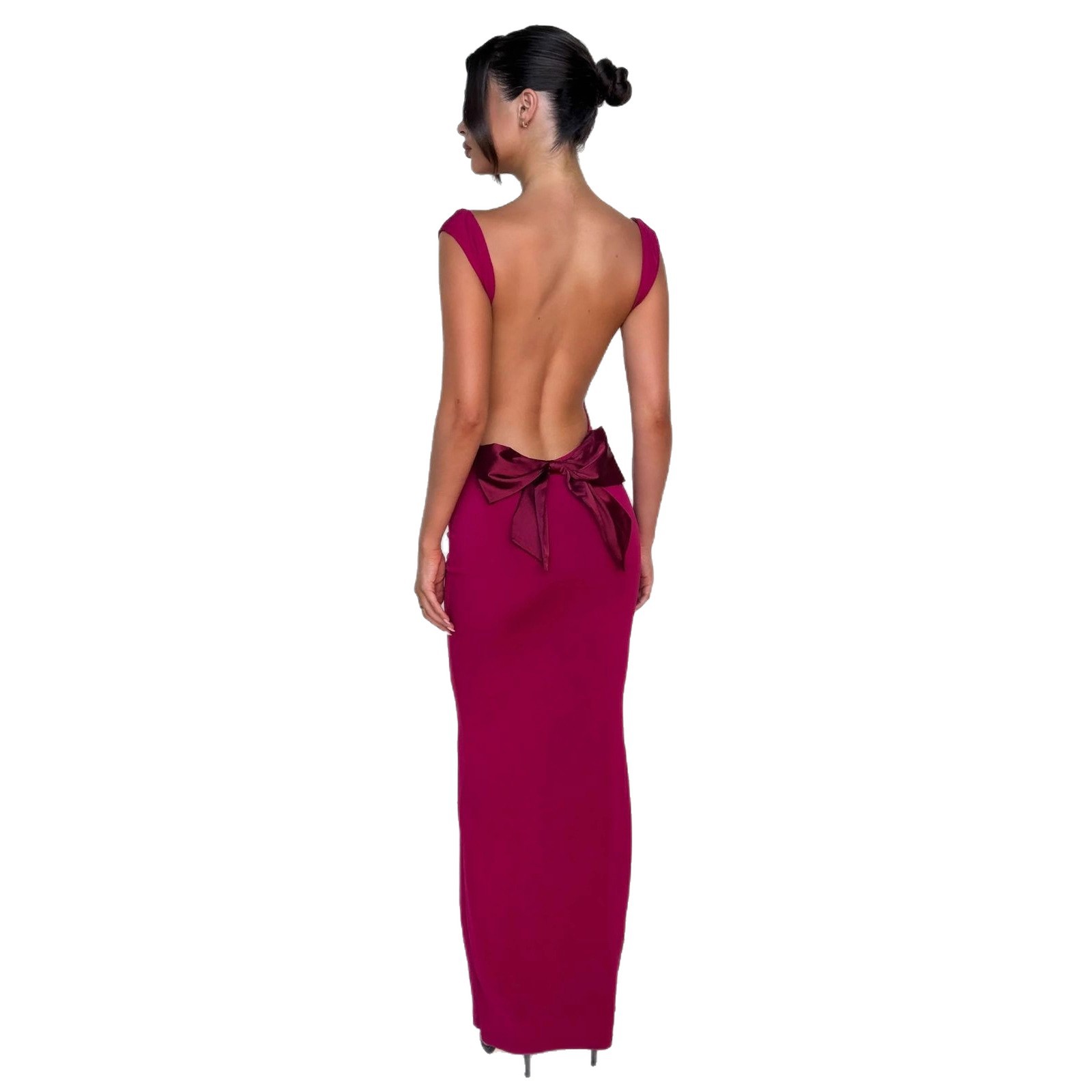 Sleeveless Backless Dress Slim Fit Bow Tie Detail Solid Color Elegant Evening Wear for Women OEM Available