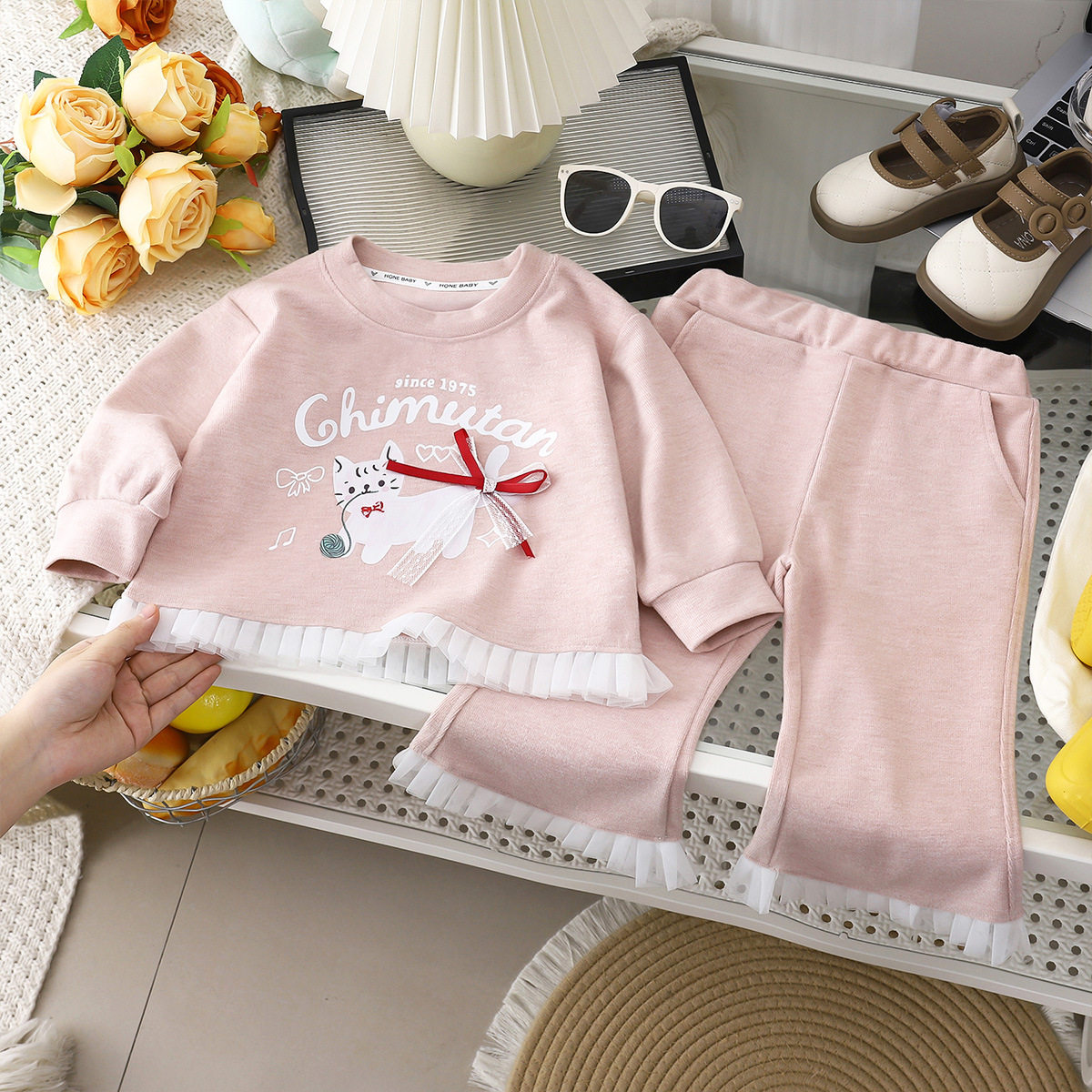Girls' Cartoon Printed Hoodie Set, Spring & Autumn Sweet Lace Wide-Leg Pants Two-Piece Outfit