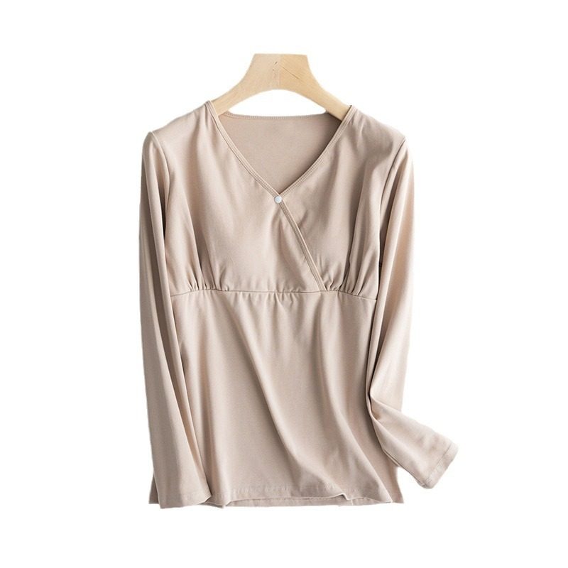 Pure Cotton Breastfeeding Clothes with Chest Pad Long-Sleeved Crossed Non-Wearing Underwear Monthly Clothes Pregnant Women's Postpartum Breastfeeding Clothes Base Clothes