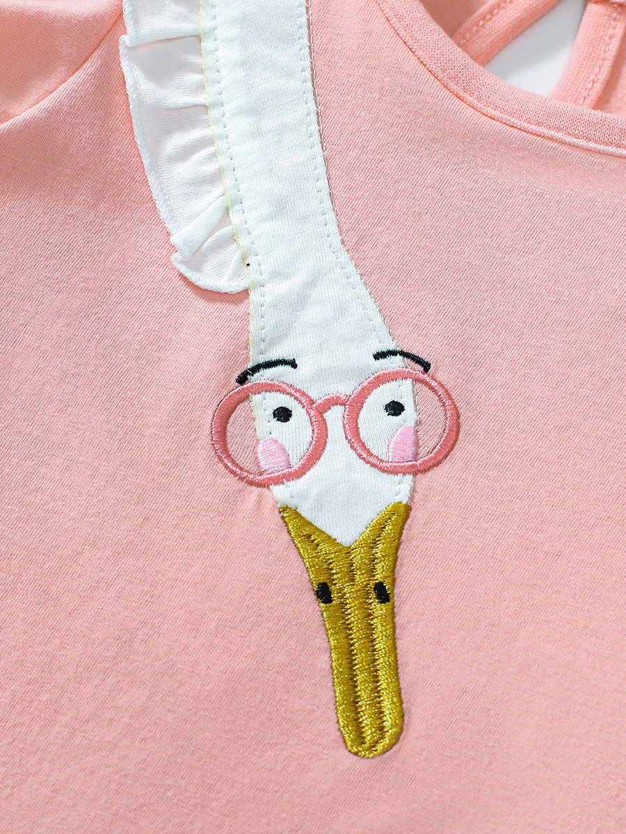 Girls' Summer Cotton Applique Cartoon Dress, Short-Sleeve Kids' Dress