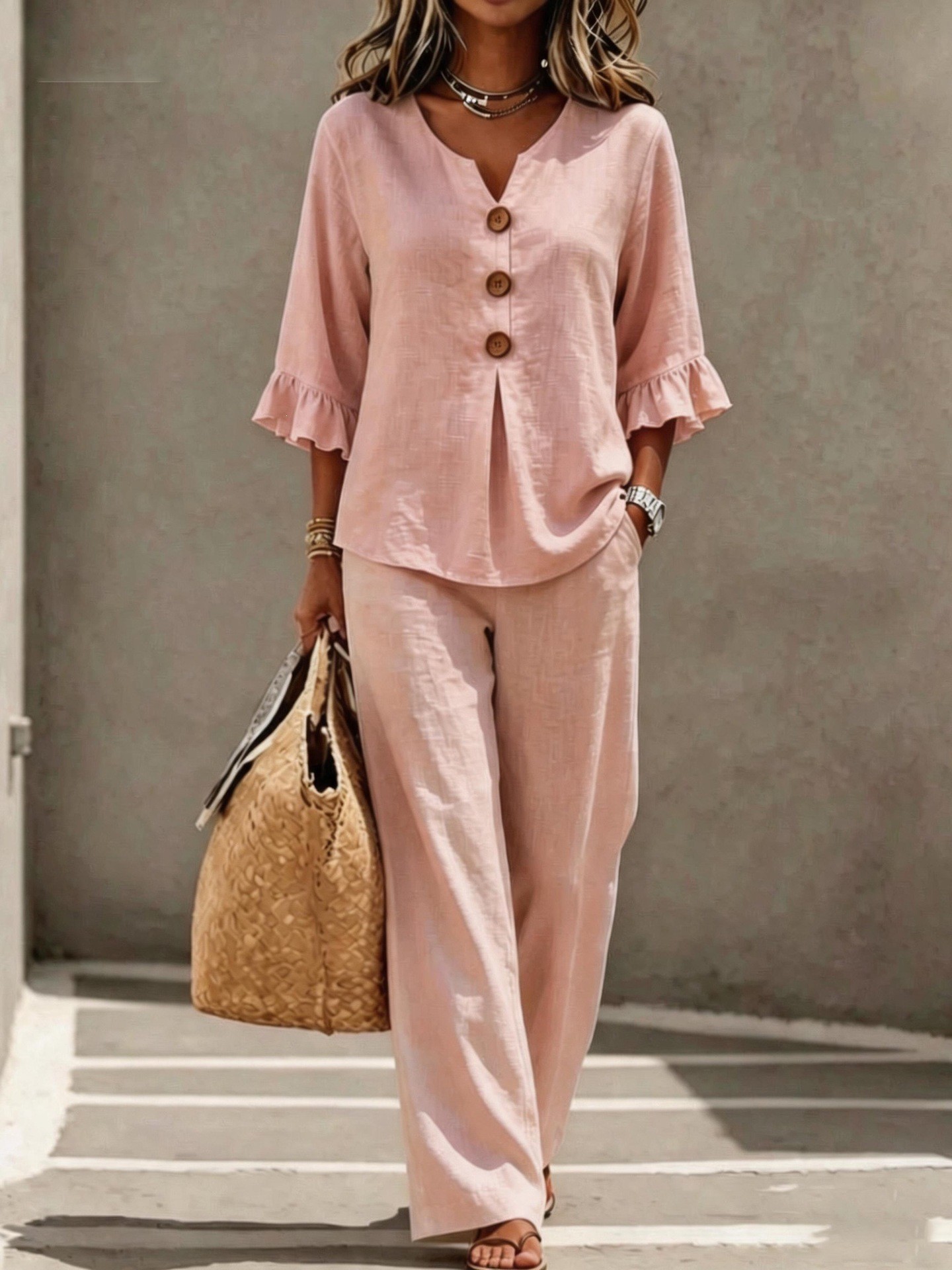 Summer V Neck Casual Top and Long Pants Set Short Sleeve Pocket Design Comfortable Fabric Perfect for Everyday Wear