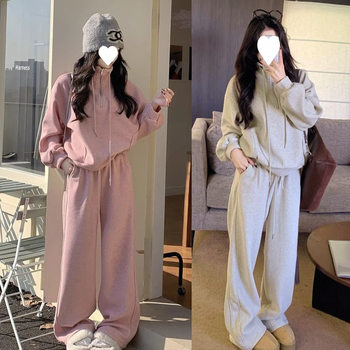 Casual Sports Suit Women's Sweatshirt Fleece-Lined Winter Fashion Slim Hong Kong Style Lazy Style Wide-Leg Pants Two-Piece Set