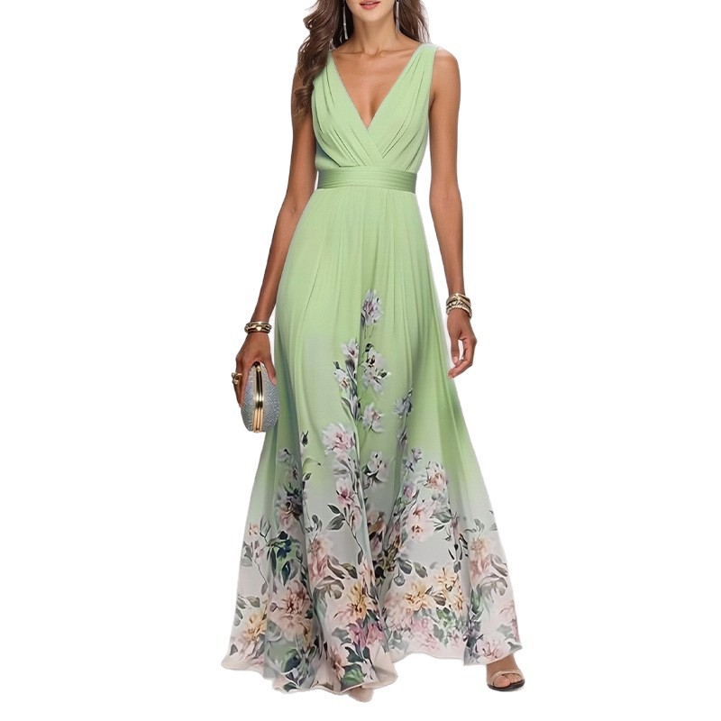 Elegant Floral V Neck Maxi Dress Summer Collection Waist Defined Comfortable Fabric Perfect for Casual or Formal