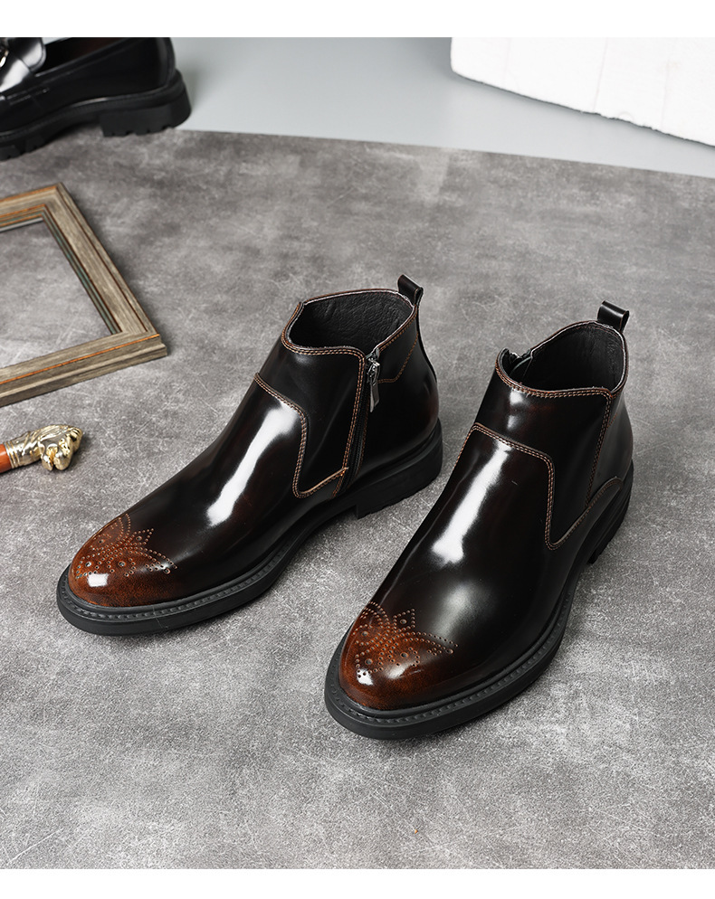 Boot nam cổ ngắn mũi tròn da bò bóng, họa tiết chạm khắc, khóa kéo bên, giữ ấm mùa đông — xanh sapphire, Màu đen, Màu đen lót nhung, Màu vàng nâu