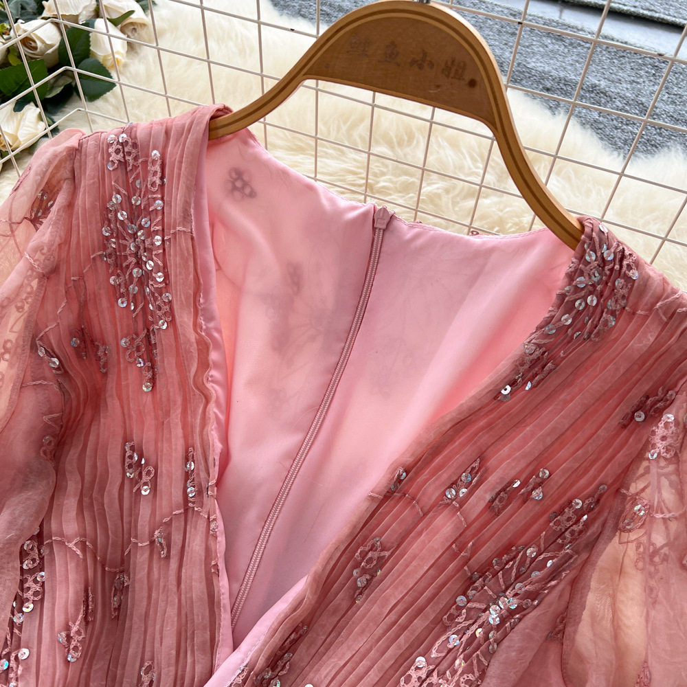 French Style Embroidered Sequin V Neck Lantern Sleeve Waist Defined Maxi Dress for Women Slim Fit Autumn Collection
