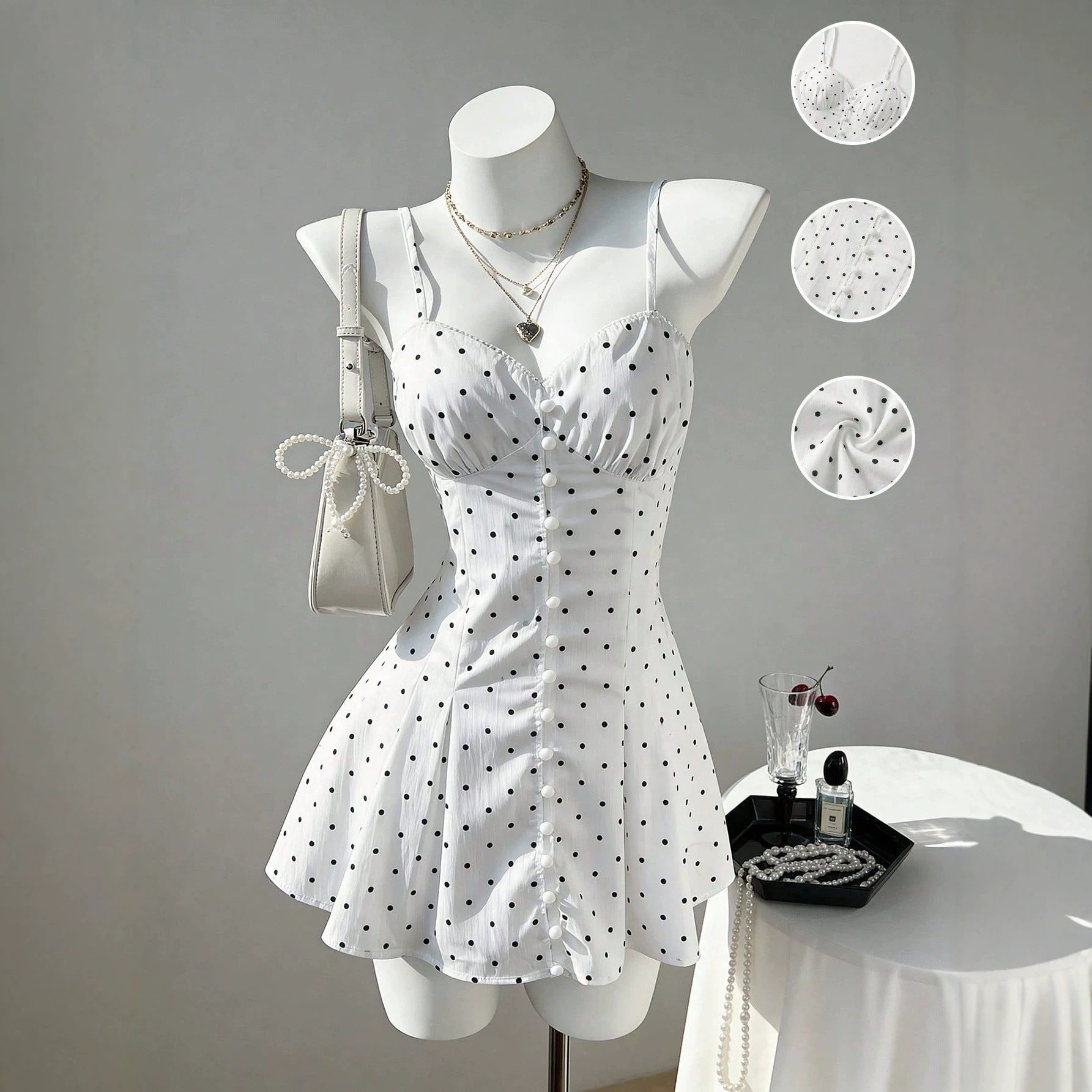 Sweet Polka Dot A Line Dress Adjustable Straps Waist Cinching Summer Style Ready to Ship Low MOQ
