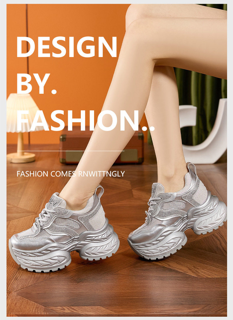Giày sneaker nữ chunky đế dày đính đá rhinestone hở mũi quai ngang — Trắng, Bạc chi tiết 10